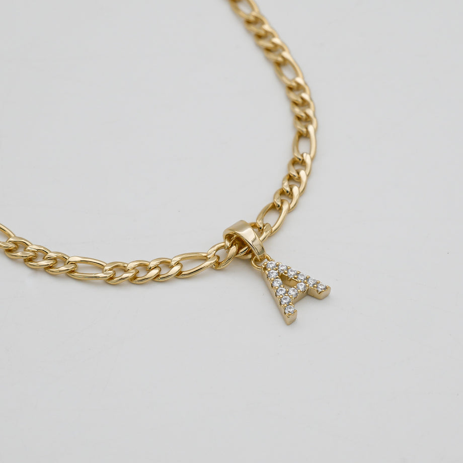 ICY Initial Necklace Figaro, available in Gold or Silver Plated, A-Z initials from Prya