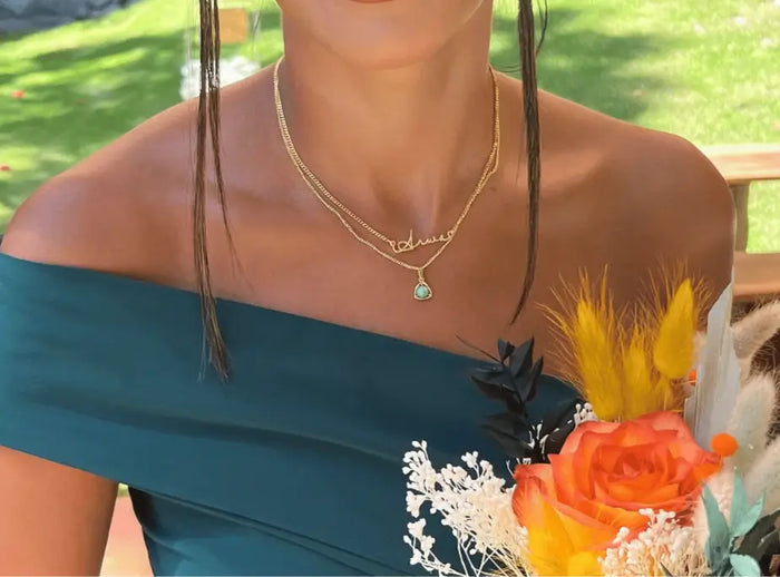 bridesmaid wearing personalised necklace