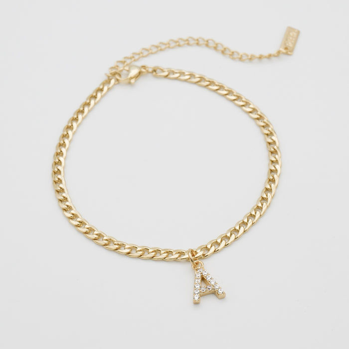 ICY Initial Anklet, cuban chain in gold from prya