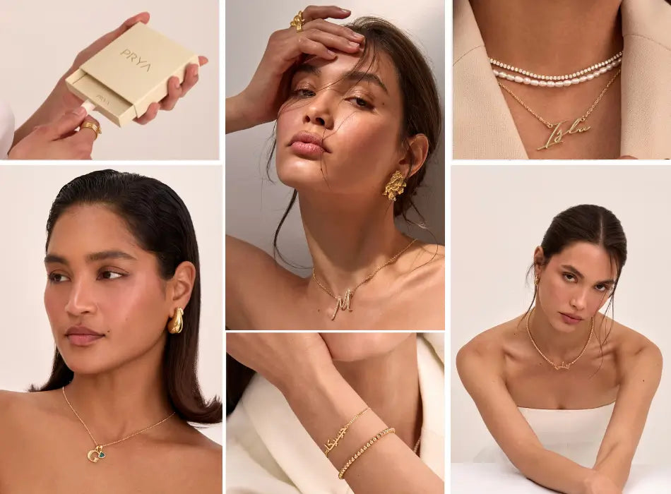 Collage of models wearing gold personalised name necklaces, initial necklaces, name bracelets, birthstone necklaces, pearl necklaces, statement earrings from prya