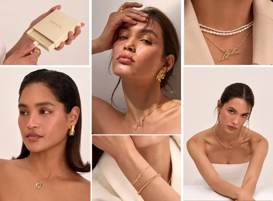 selection of images of models wearing gold personalised jewellery including name necklaces from prya