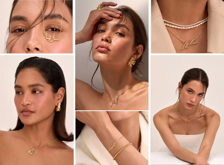 image of models wearing a selection of Gold jewellery, earrings, personalised name necklaces, bracelets, pearl necklaces, initial necklaces from prya
