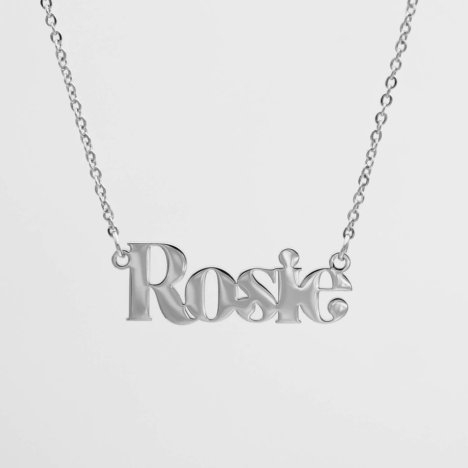 Silver "Rosie" name necklace on a chain.