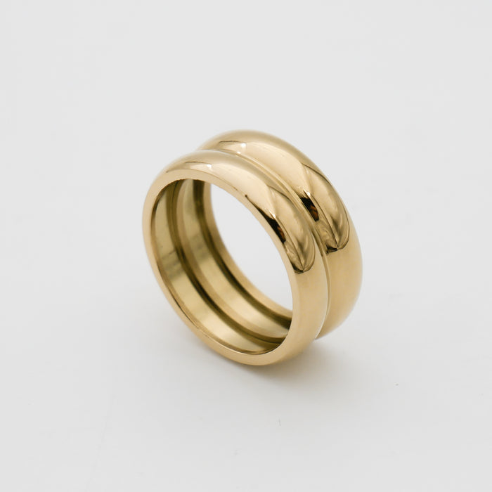 Gold double-band ring on white background.