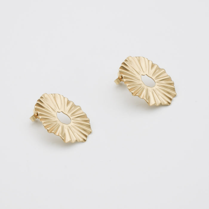 Gold textured oval earrings on white background.