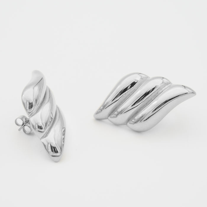 Silver Zaya ribbed Earrings on white background.
