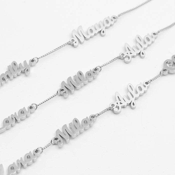 Close-up of a Miami Multiple Name Bracelet in silver, featuring personalised names in a stylish font.