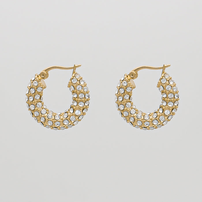 Gold hoop earrings with sparkling crystals.