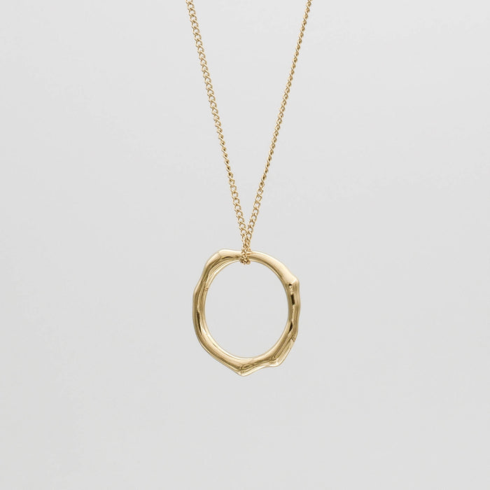 Gold ring pendant necklace on a chain.