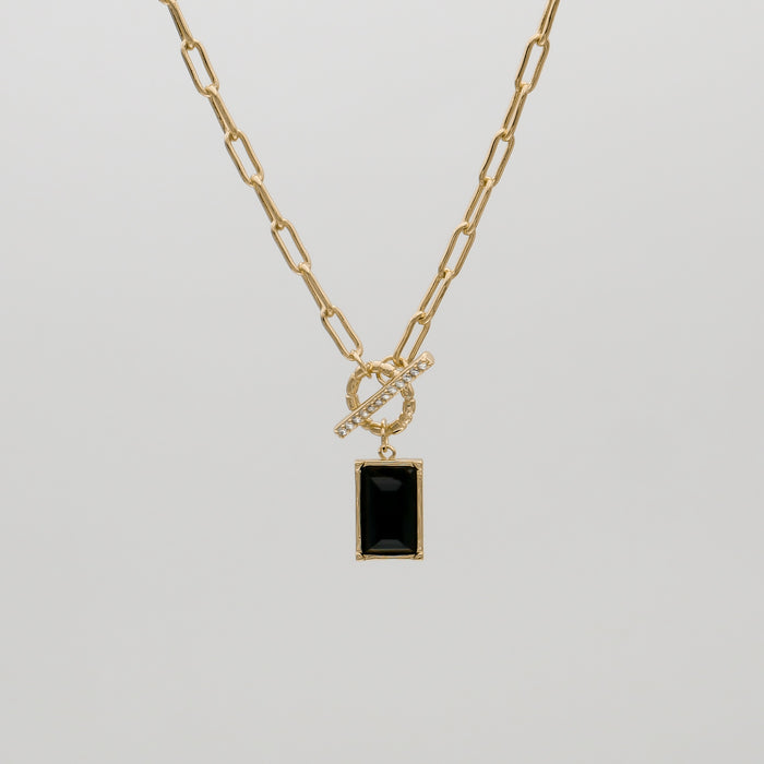 Kyra Onyx T-Bar Necklace with paperclip chain and onyx pendant