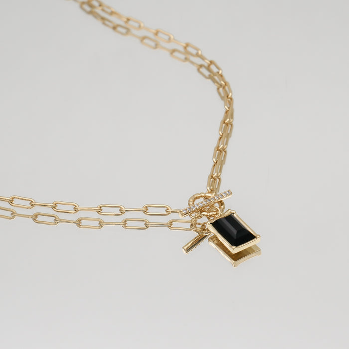 Kyra Onyx T-Bar Necklace gold paper chain necklace with onyx tablet pendant