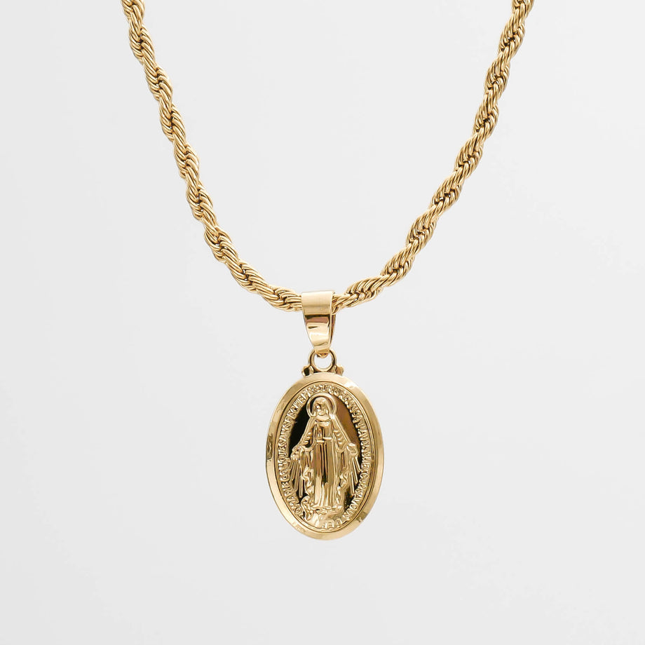 Gold rope chain with religious pendant.