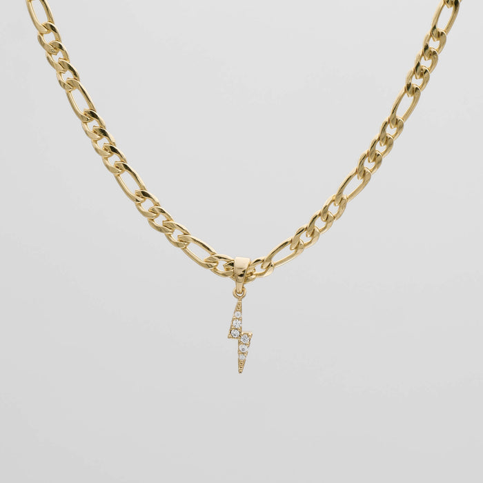 Gold chain with lightning bolt pendant.