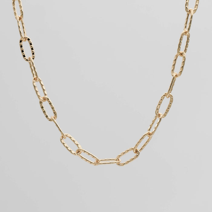 Gold chain necklace with textured links.