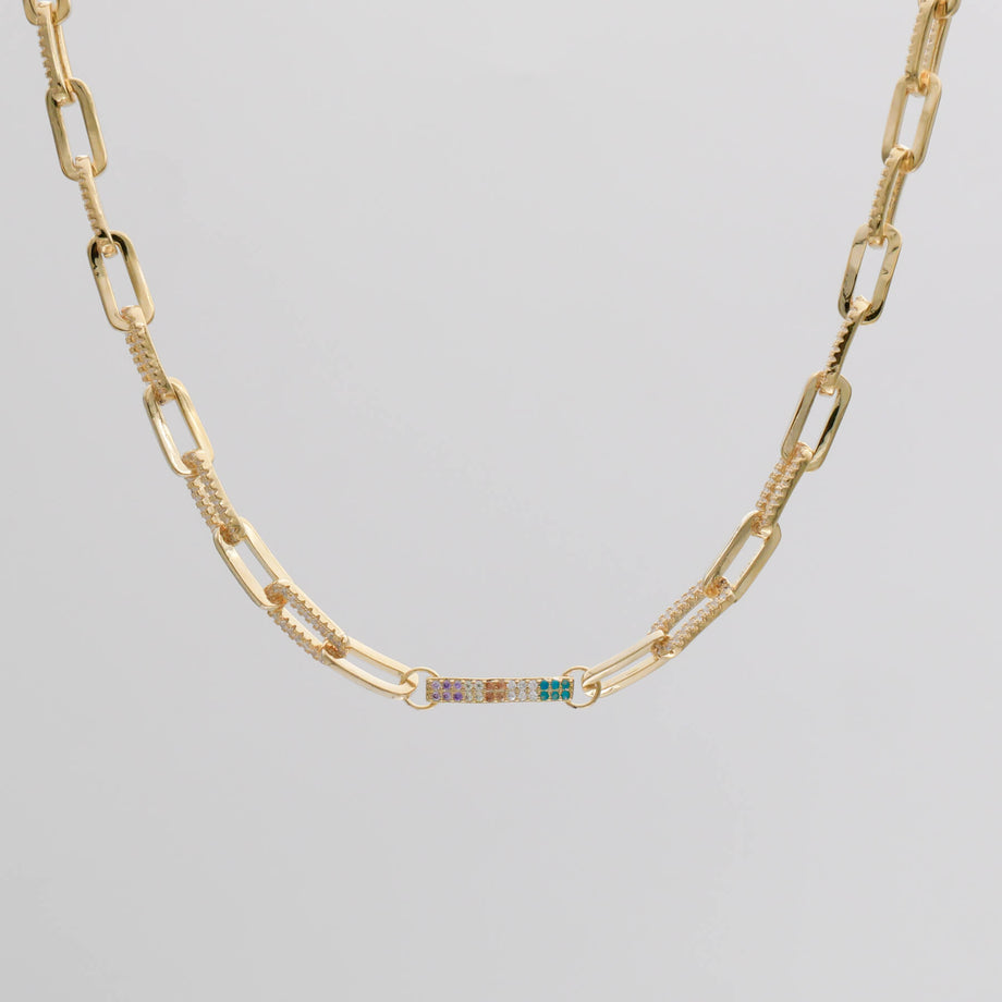 Gold Joelle Paperclip Necklace with  paved CZ paperclips and centred bart with multi colour CZ