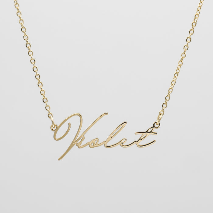 Personalised name necklace in 18K gold classic link chain made by PRYA UK