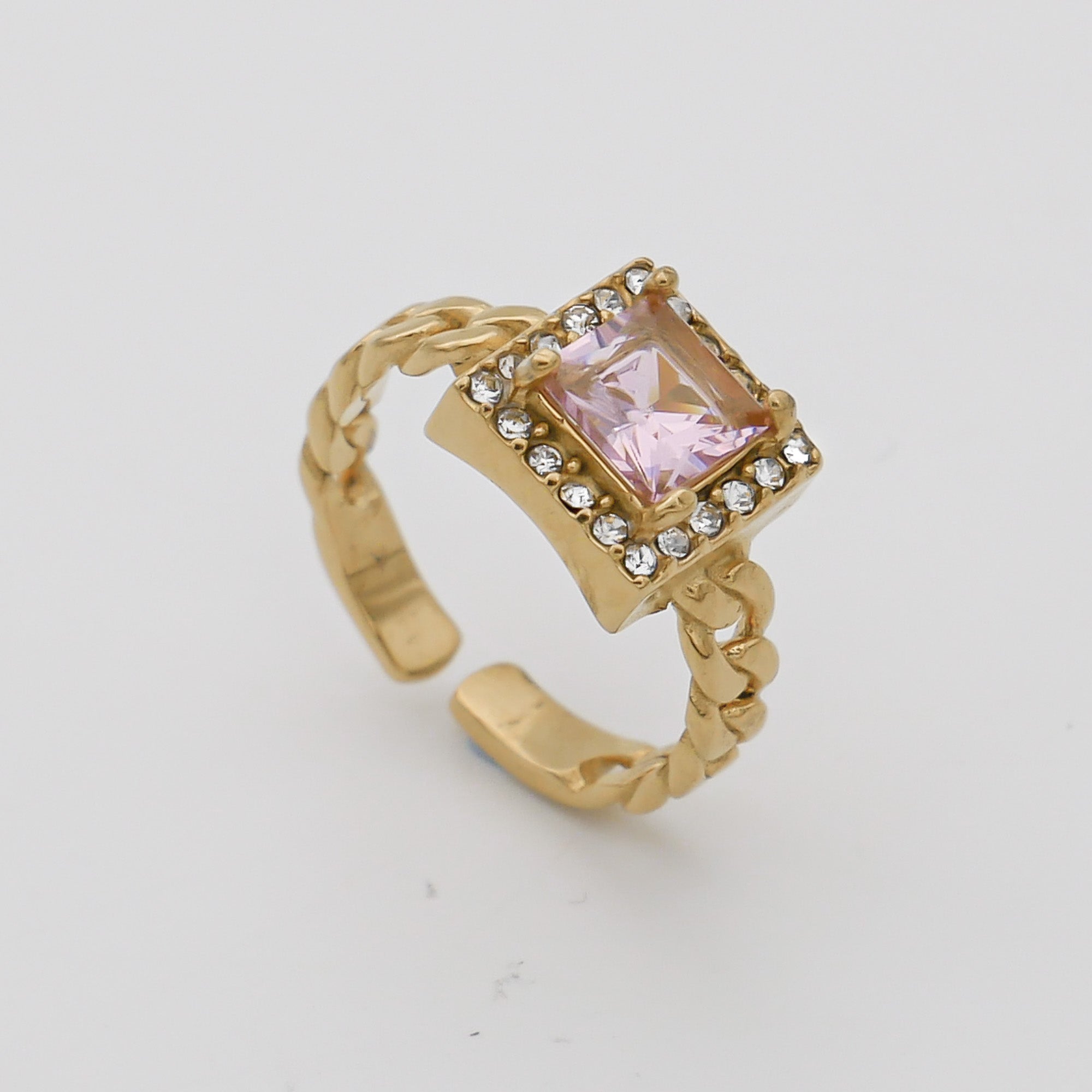Gold Gaia Cuban encrusted Pink Gemstone Ring by PRYA