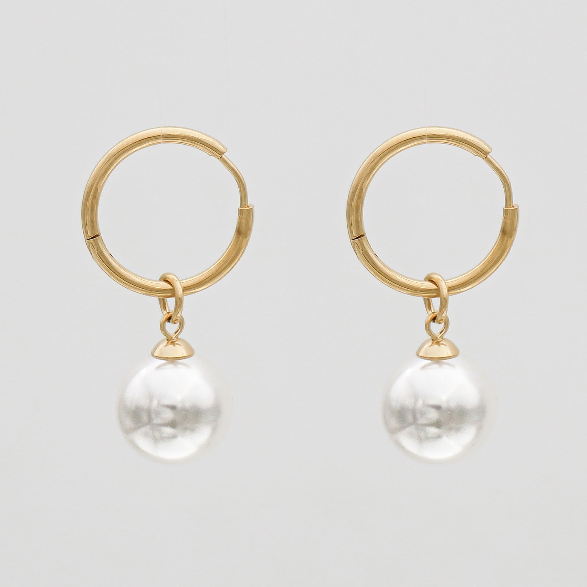 Thin Gold Hoop Phoebe Earrings with White Pearl drop Charms 