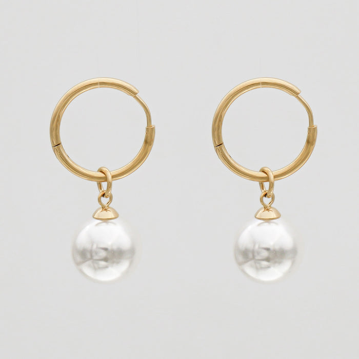 Thin Gold Hoop Phoebe Earrings with White Pearl drop Charms