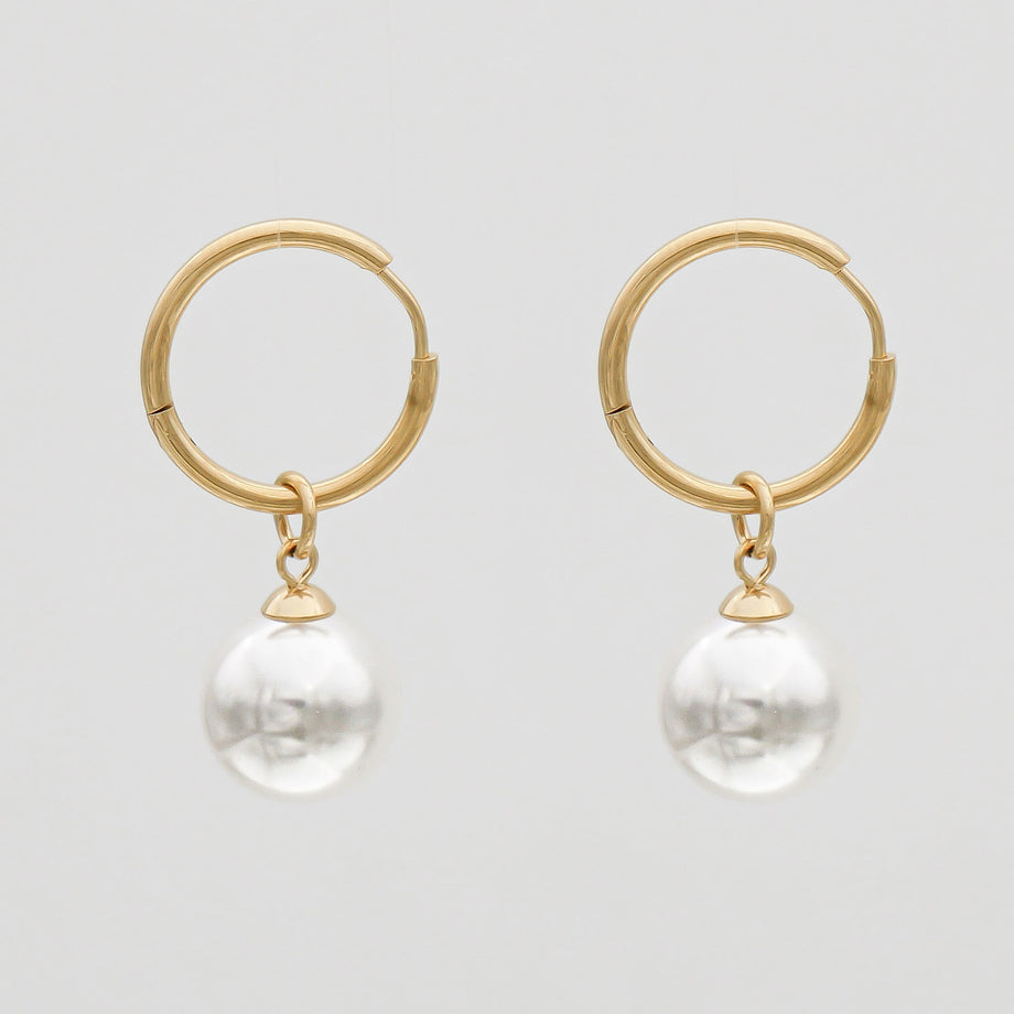 Thin Gold Hoop Phoebe Earrings with White Pearl drop Charms
