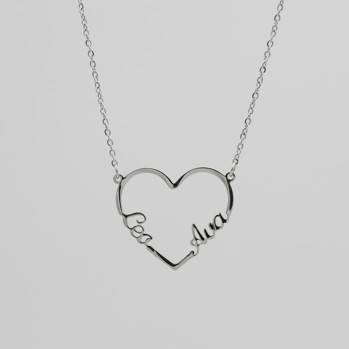 Heart Double Name Necklace, Silver (Plated) / 40cm | PRYA