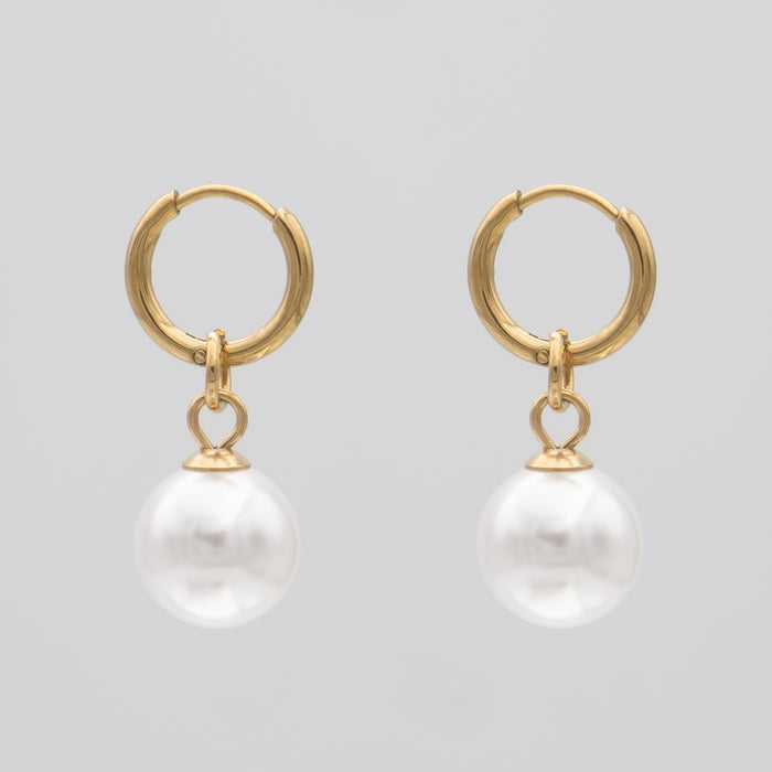 Thin Gold Hoop Phoebe Earrings with White Pearl drop Charms