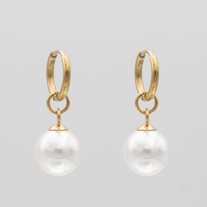Thin Gold Hoop Phoebe Earrings with White Pearl drop Charms