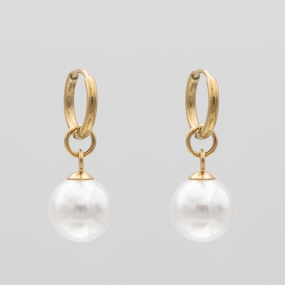 Thin Gold Hoop Phoebe Earrings with White Pearl drop Charms