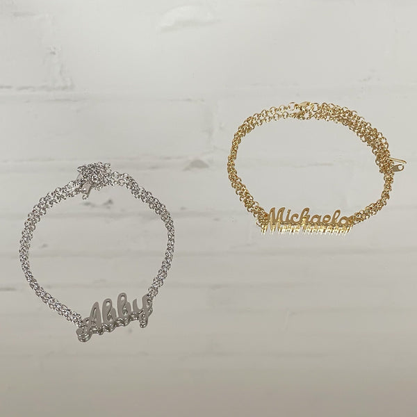 Customised name anklets in gold and silver from PRYA Jewellery UK