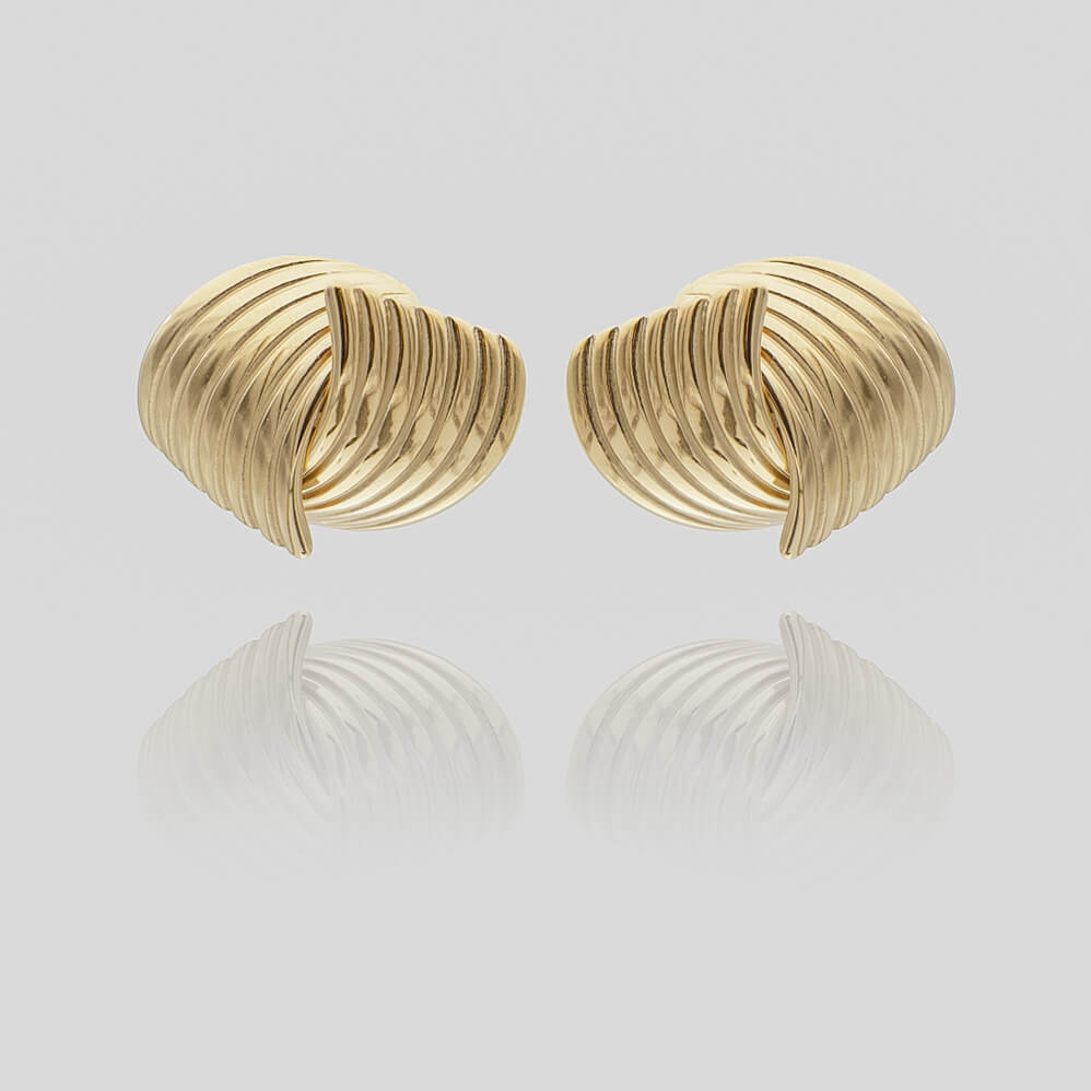 Amaya Gold Stud Earrings, crafted in 18k Gold plated Stainless steel,features two textured fluted fan motif from prya