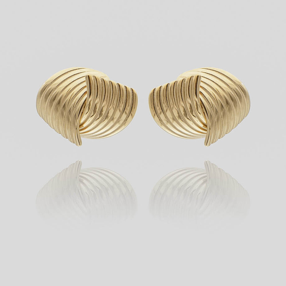 Amaya Gold Stud Earrings, crafted in 18k Gold plated Stainless steel,features two textured fluted fan motif from prya