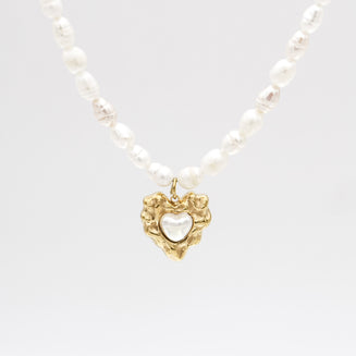 Pearl heart pendant necklace with 18k plated gold heart pendant from prya