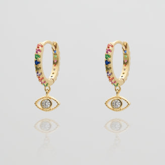 gold evil eye huggie earring paved with rainbow stones