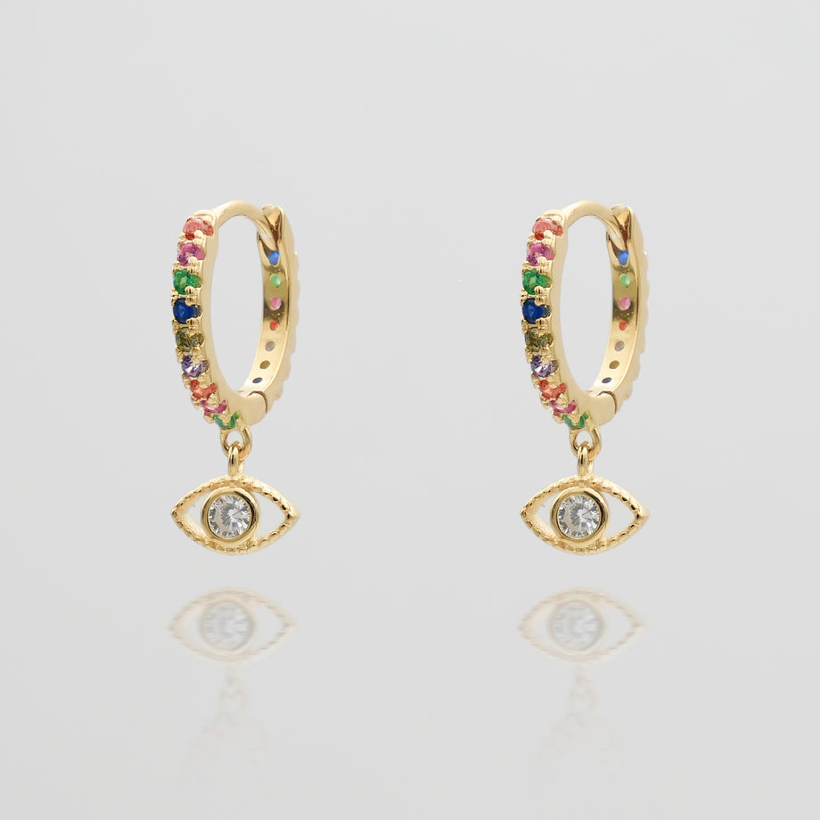 gold evil eye huggie earring paved with rainbow stones