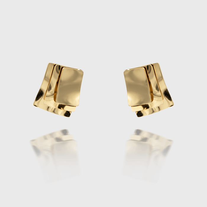 Arya Earrings crafted in 18k gold plated stainless steel, featuring a striking three-layered square design from prya