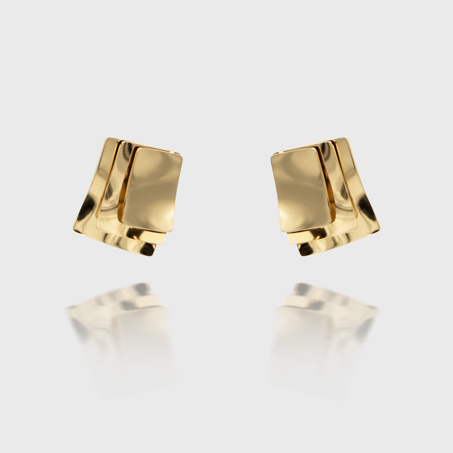 Arya Earrings crafted in 18k gold plated stainless steel, featuring a striking three-layered square design from prya