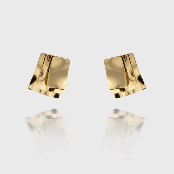 Arya Earrings crafted in 18k gold plated stainless steel, featuring a striking three-layered square design from prya