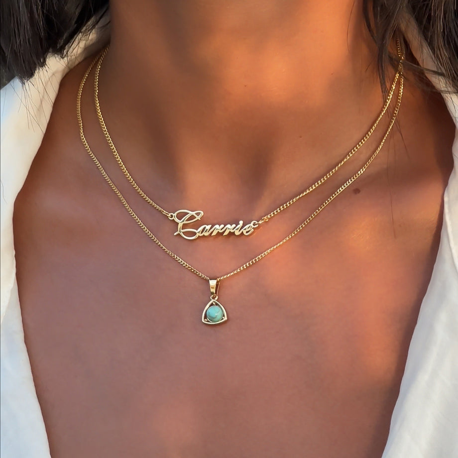 Model wearing December Birthstone Pendant necklace with, 18K gol chain and  Turquoise gem