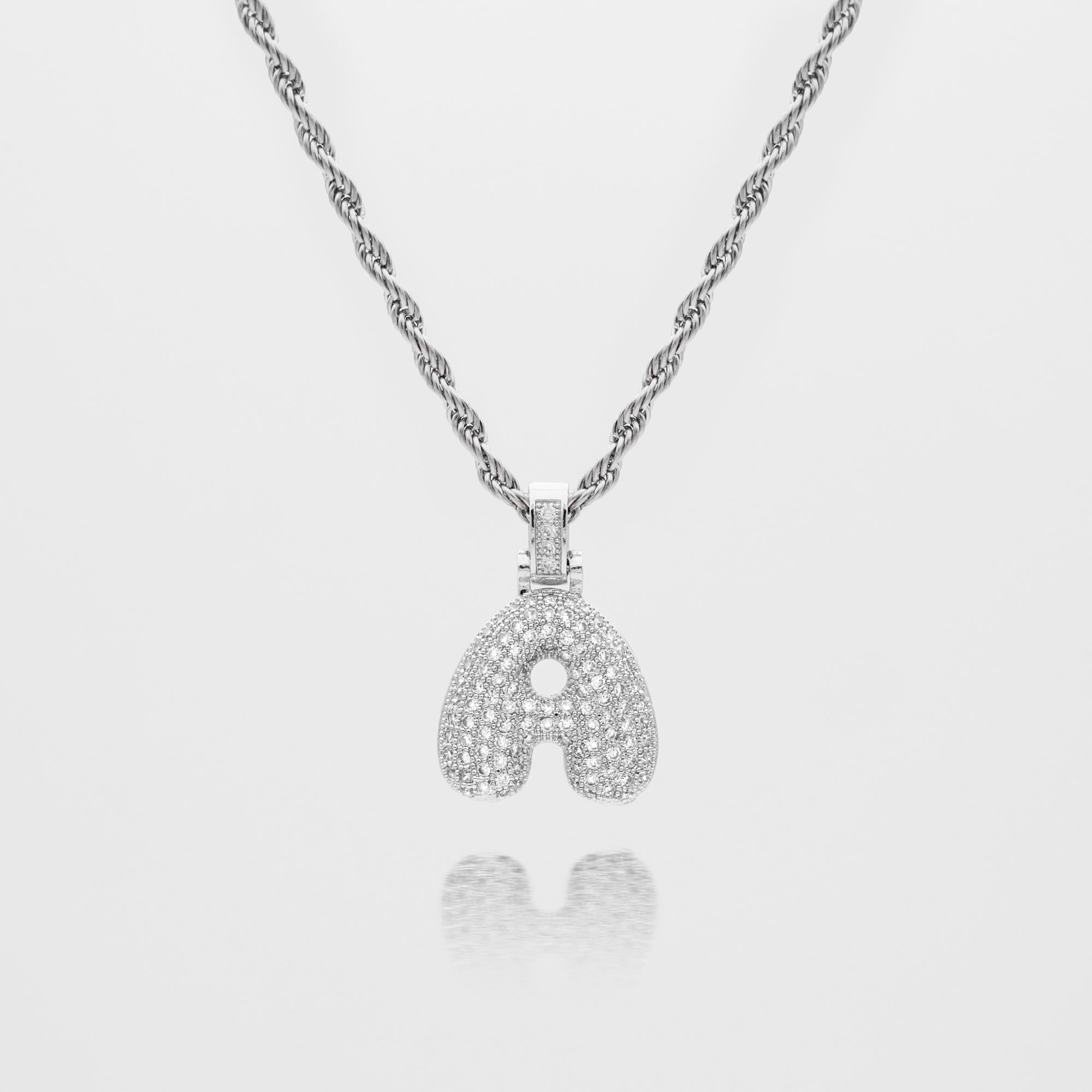 Pave Bubble Letter Initial Necklace encrusted with radiant CZ stones in silver rope chain