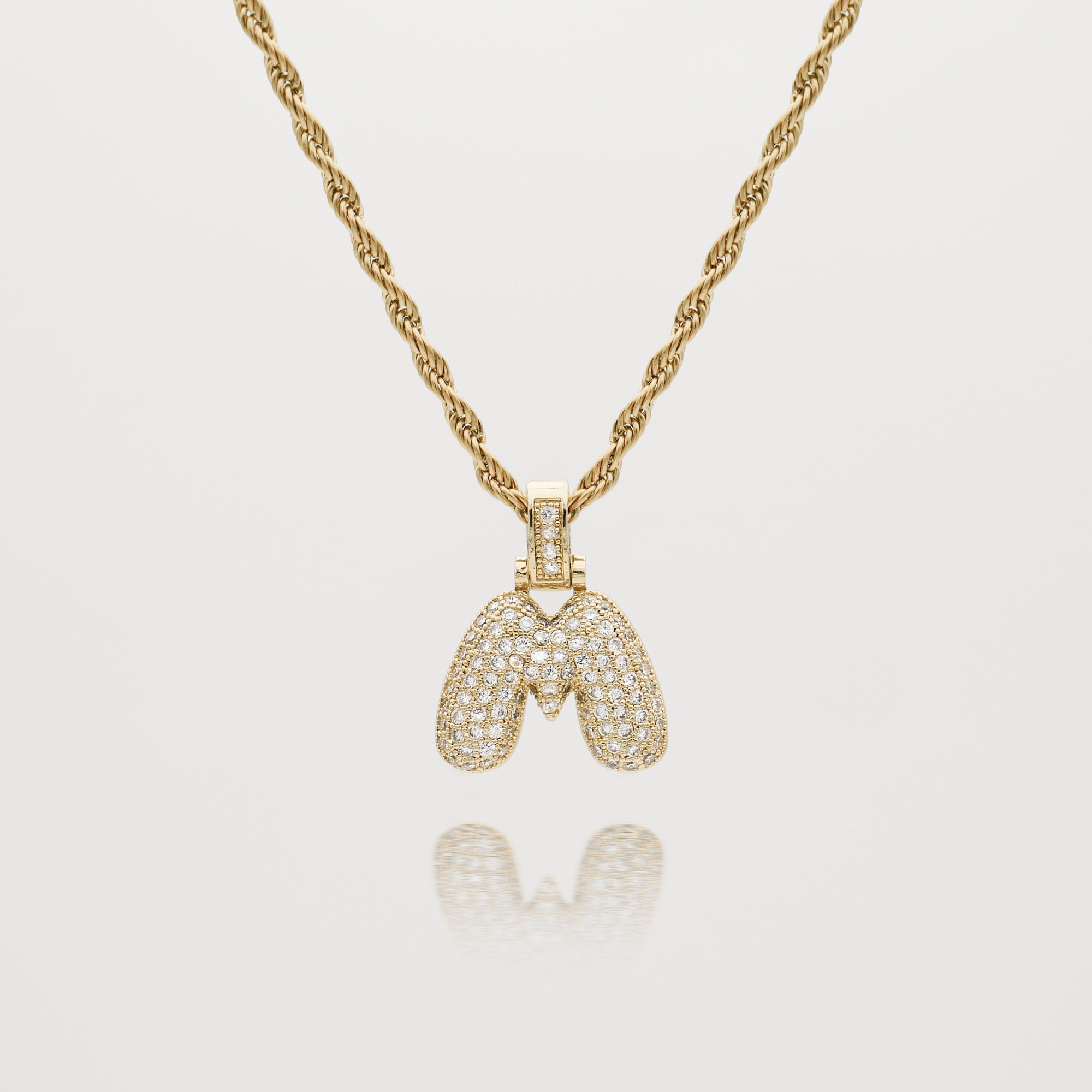 Pave Bubble Letter Initial Necklace encrusted with radiant CZ stones in gold rope chain