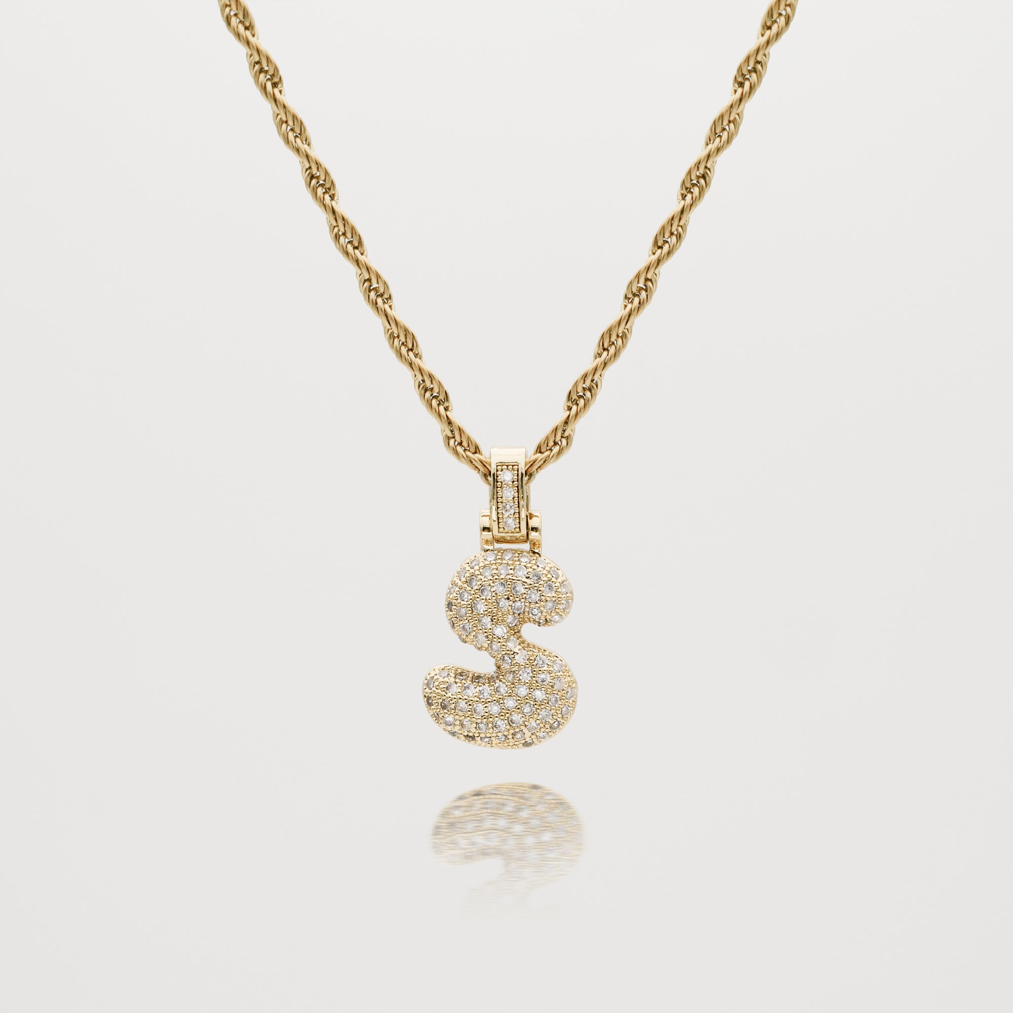 Pave Bubble Letter Initial Necklace encrusted with radiant CZ stones in gold rope chain