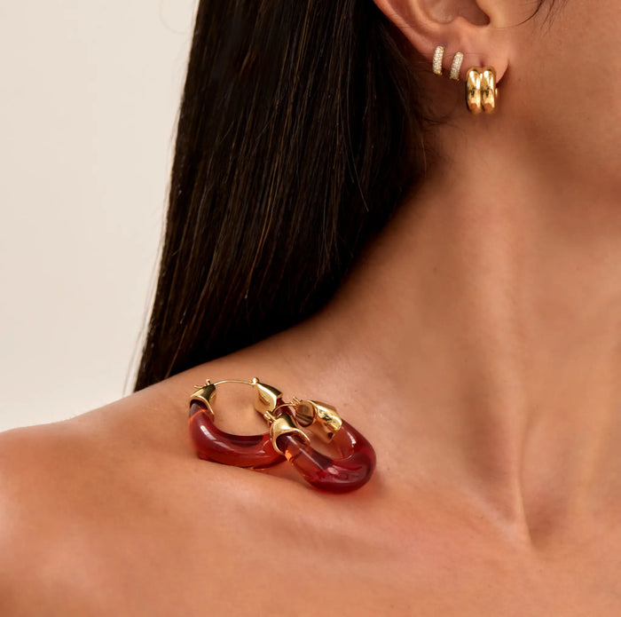 model wearing amber celine earrings in gold and chunky gold rings from prya