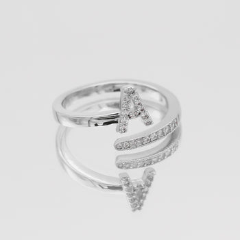 Silver Paved, adjustable Icy initial ring in A