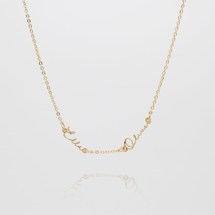 Selina multiple name necklace, available in 18k gold plated, silver or rose gold plated stainless steel with options for 2, 3, 4 names from prya