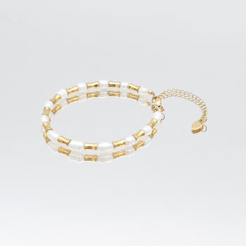 The Eden Pearl Bead bracelet, features delicate gold plated bamboo shaped beads and lustrous pearls from PRYA