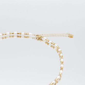 The Eden Pearl Bead Necklace, features delicate gold plated bamboo shaped beads and lustrous pearls from PRYA