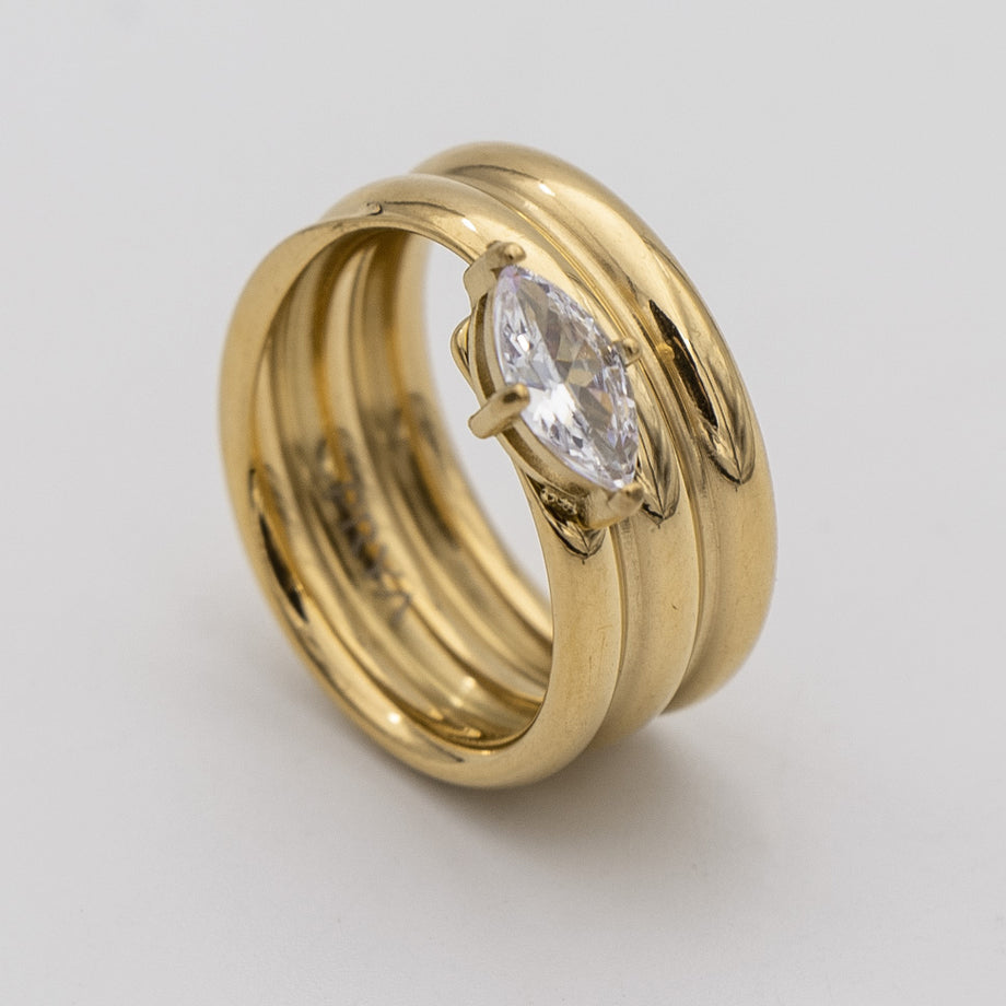 Emilia Ring is a bold, chunky gold plated ring inspired by retro style. Featuring a dazzling CZ centre stone from prya