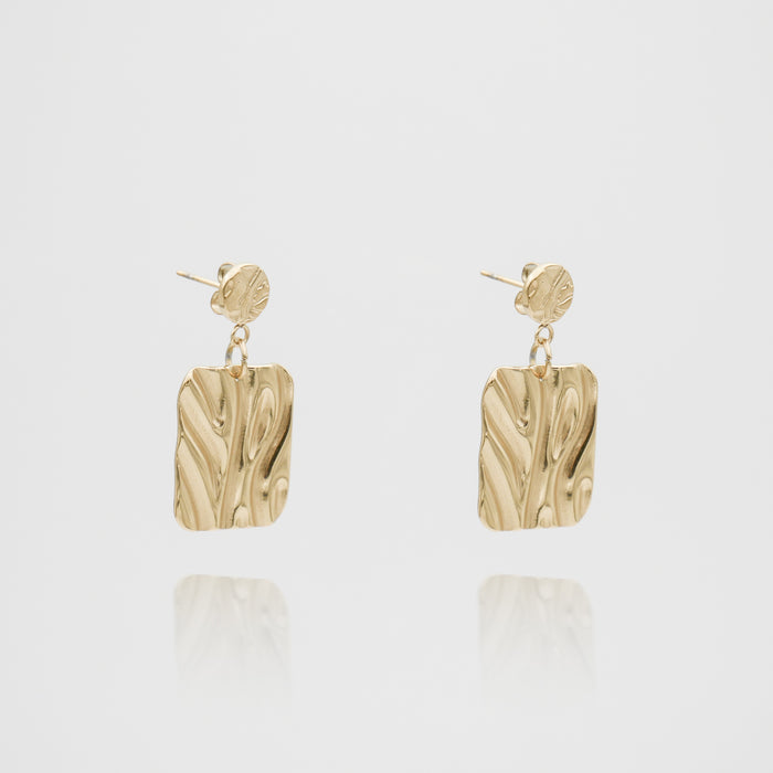 Gold rectangular Gianna earrings with textured design.