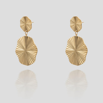 Hina Gold Drop Earrings, crafted in 18k gold plated stainless steel, feature a radiant design that is reminiscent of the sun from prya