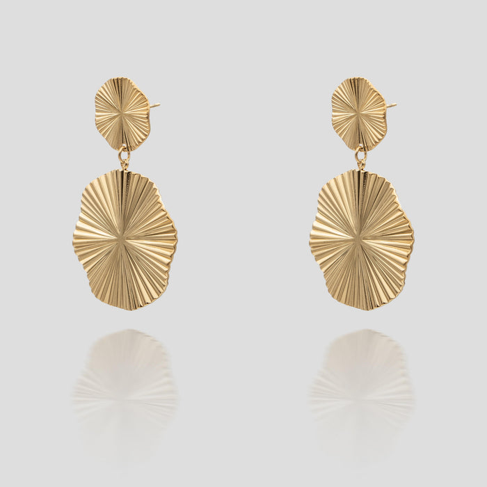 Hina Gold Drop Earrings, crafted in 18k gold plated stainless steel, feature a radiant design that is reminiscent of the sun from prya